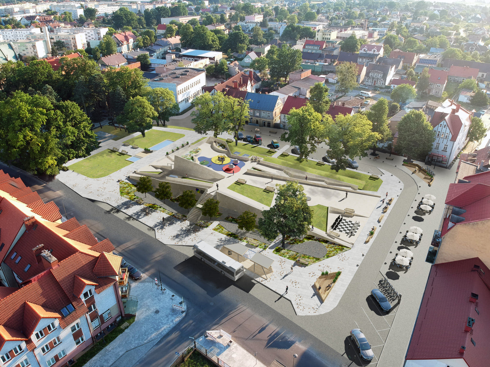 Zdjęcie przedstawia wizualizację budynku Centrum Integracji Społecznej z lotu ptaka